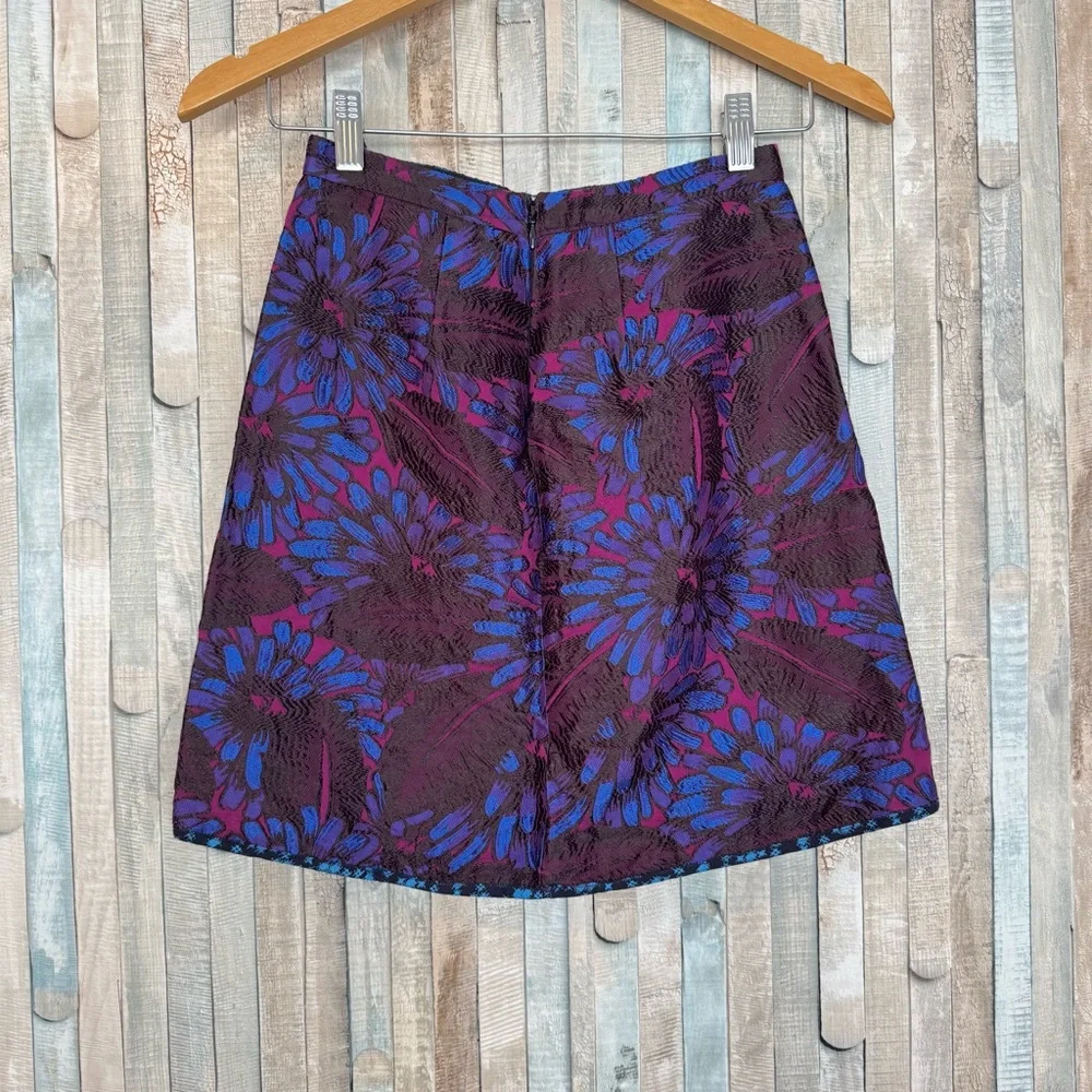 J Crew 0 Piped‎ Jacquard Floral Print Mini Length Skirt Pink Blue Brocade $128